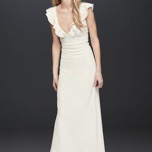 Plunging V-Neck Ruffle Strap Low Back Crepe Gown
